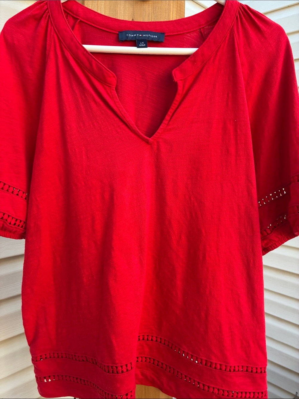 Tommy Hilfiger Red Short-Sleeve V-Notch Eyelet Trim Tunic size L